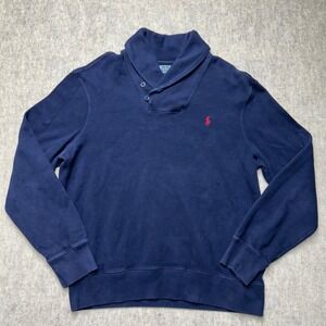 Polo By Ralph Lauren Mens Shawl Collar Sweatshirt Pullover Red Pony Logo Navy L‎